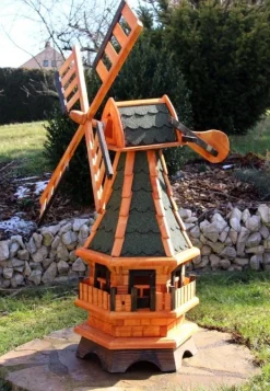 Gartenwindmühle Holz Optional mit Solarlicht - weiß, drehbar, 99 cm