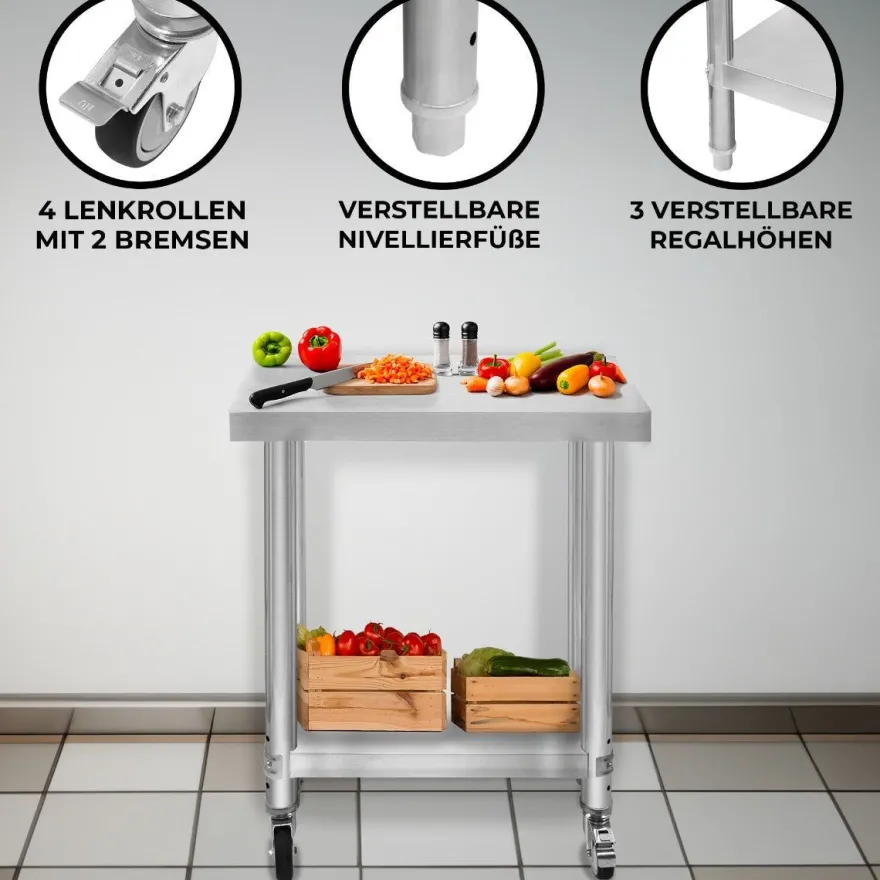 Gastro Edelstahl Arbeitstisch Vorbereitungstisch Küchentisch Mobil 60cm x 30cm