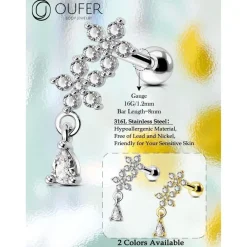 16G Dangle Helix Piercings Chirurgenstahl Conch Tragus Studs CZ Gold Silber
