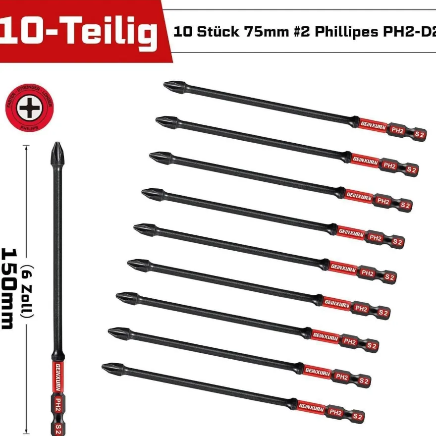 Geinxurn PH2 Schrauber Bit Set, 10x 150mm, Magnetisch, Schlagfest, 1/4 Zoll