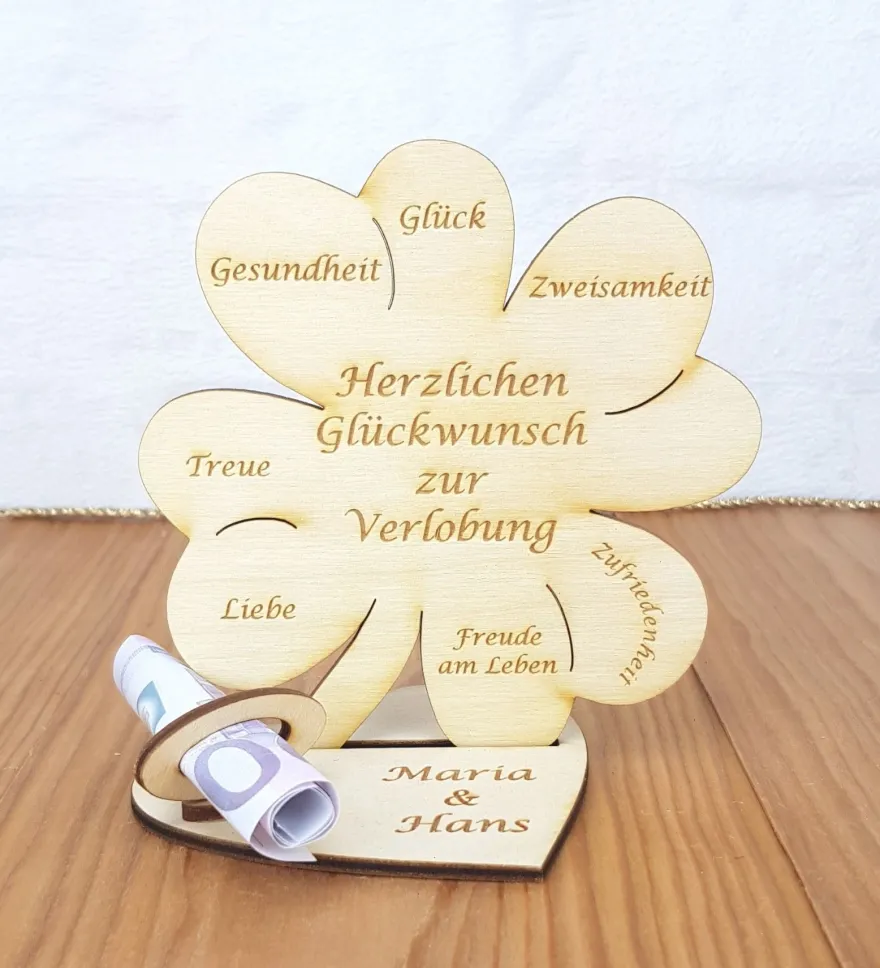 Geldgeschenk zur Verlobung mit Wunschtext Holz 11cm Kleeblatt