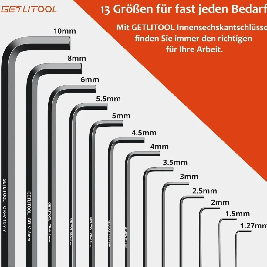 Getlitool Innensechskant Satz 13tlg mit Kugelkopf 1,27mm-10mm, Cr-V-Stahl