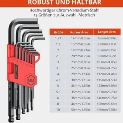 Getlitool Innensechskant Satz 13tlg mit Kugelkopf 1,27mm-10mm, Cr-V-Stahl