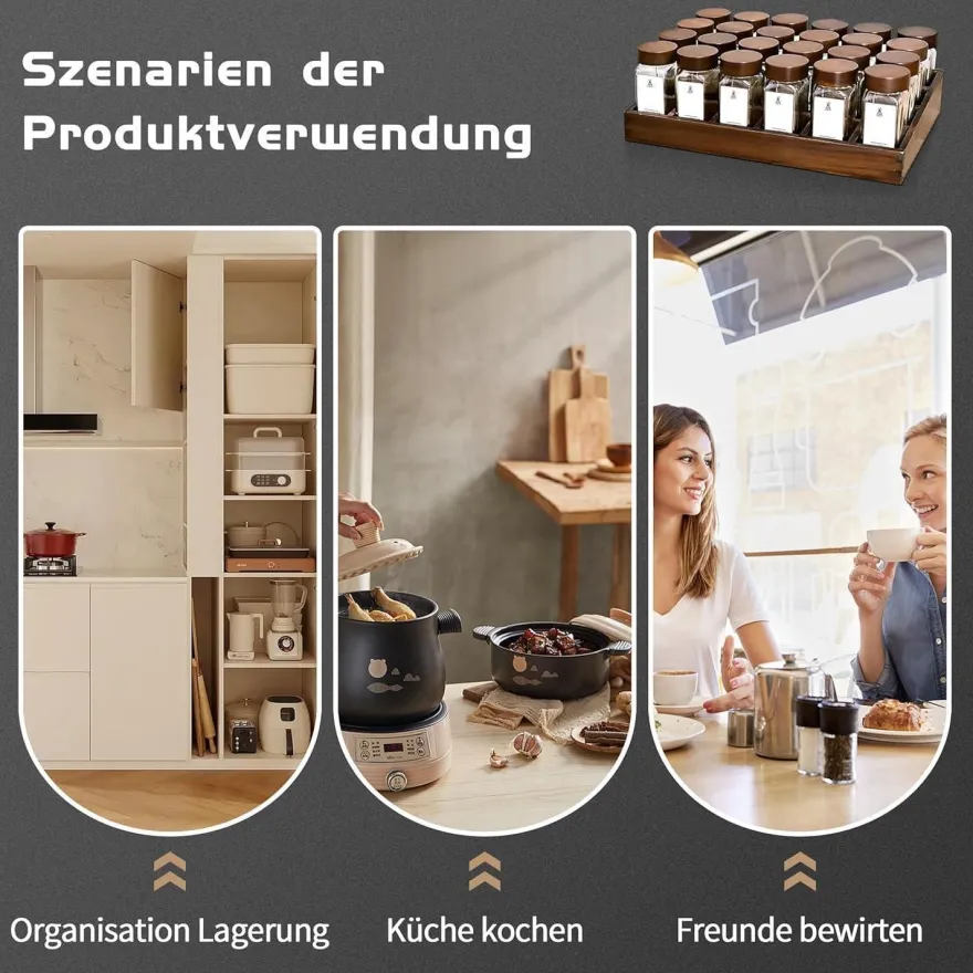 Gewürzregal Bambus Holz 24 Fächer 120ml-Gläser Organizer Etiketten Ständer