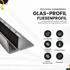 Glas-Fliesenprofil Edelstahl Klemmprofil Wandprofil V2A 2m H19mm