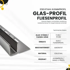 Glas-Fliesenprofil Edelstahl Klemmprofil Wandprofil V2A 2m H19mm