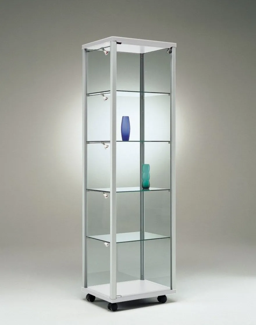 Glasvitrine Messe Alu Ausstellungsvitrine schmal mit Schloss 50 cm Füße Spiegel