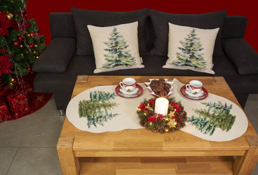 Gobelin Tischdecke Tischläufer Kissenhülle Weihnachten Wald Baum Made in Germany