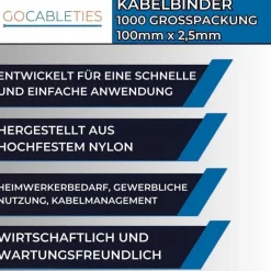 Gocableties Kabelbinder Blau, 100mm x 2,5mm, 1000 Stück, 8,1 kg Zugfestigkeit