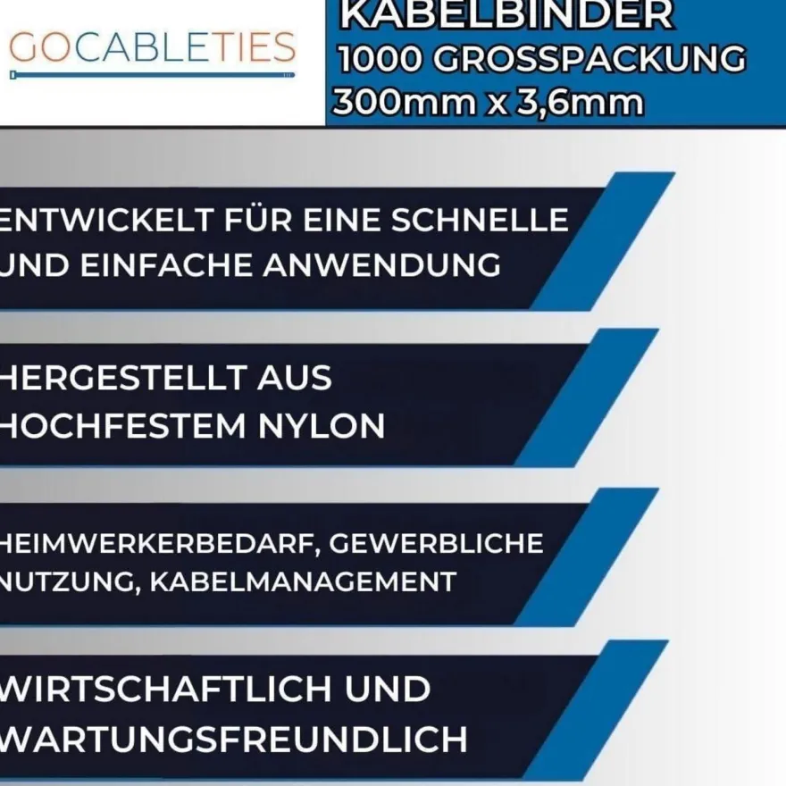 Gocableties Kabelbinder 1000 Stück, Weiß/Naturfarben Transparent, 300 mm x 3,6