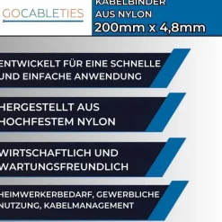 Gocableties Kabelbinder 100 Stück, 200 mm x 4,8 mm, Silber/Grau, UV Beständig