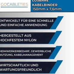 Gocableties Wiederverschließbare Kabelbinder, 150 mm x 7,6 mm, 100 Stück