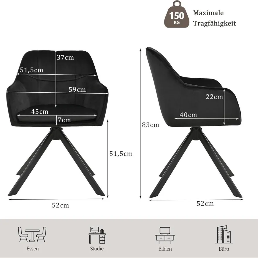 Goeurvant Drehstuhl Esszimmer 2er Set Schwarz mit Armlehne, Polsterstuhl Samt