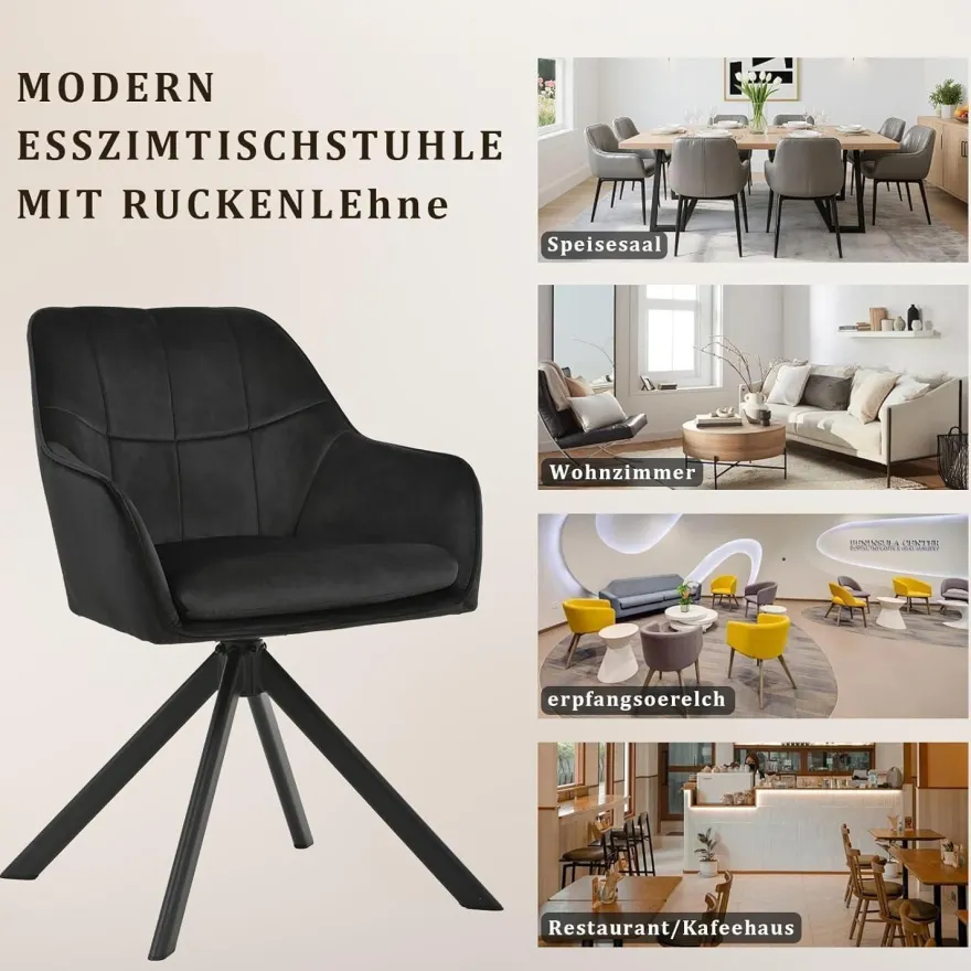 Goeurvant Drehstuhl Esszimmer 2er Set Schwarz mit Armlehne, Polsterstuhl Samt