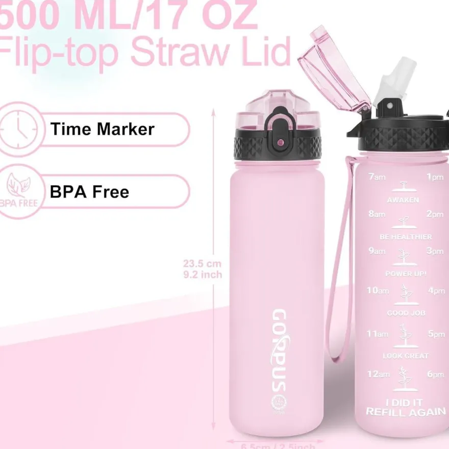 GOPPUS Kinder Trinkflasche 500ml mit Strohhalm, Zeitmarkierungen, BPA-frei