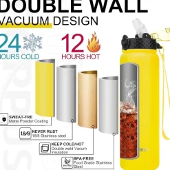 GOPPUS 1L Thermosflasche mit Strohhalm, doppelwandig Edelstahl, auslaufsicher