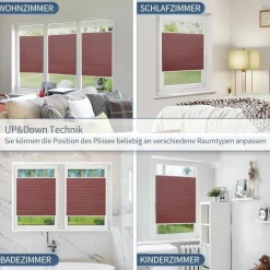 Grandekor Verdunklungsplissee Wabenplissee ohne Bohren Klemmfix Weiß-Weinrot