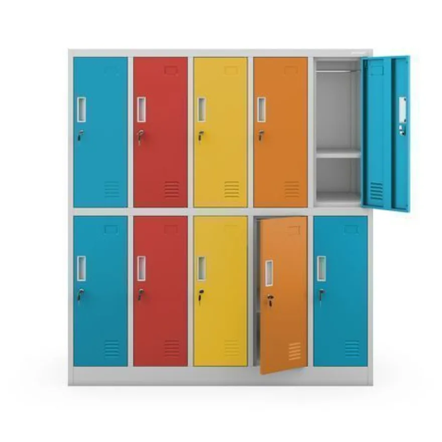 Grau-bunter Arbeitsschutz-Schulspind: 10-Fächer-Modell, 1360 x 1500 x 450 mm
