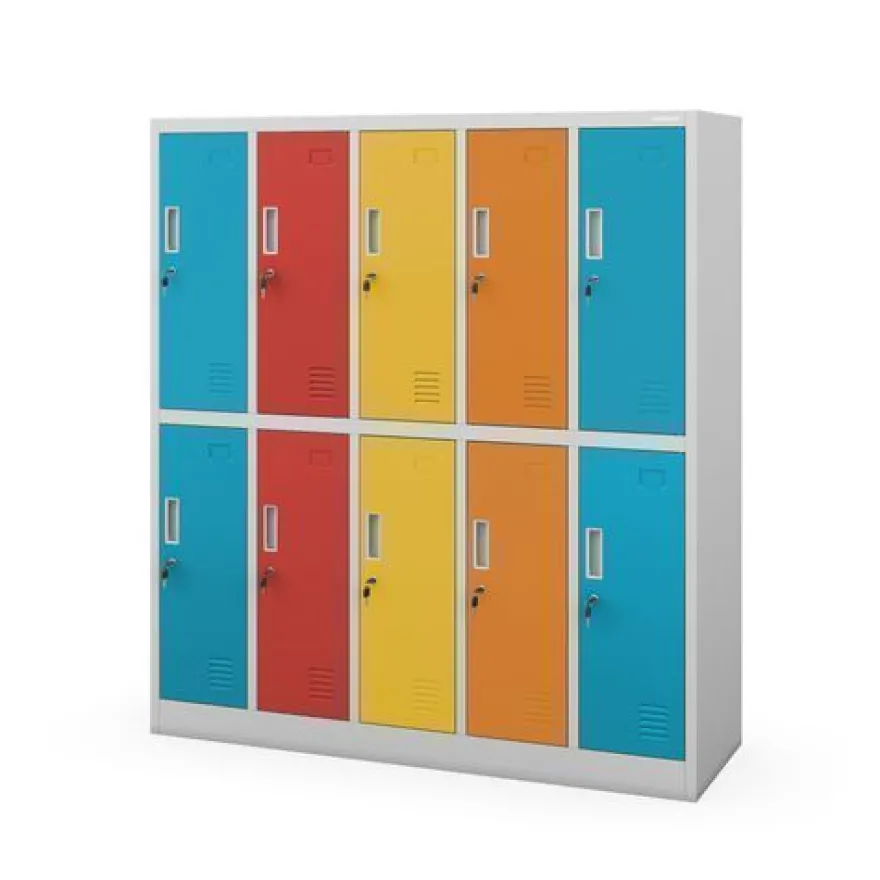 Grau-bunter Arbeitsschutz-Schulspind: 10-Fächer-Modell, 1360 x 1500 x 450 mm