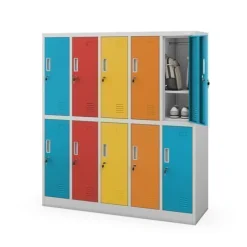 Grau-bunter Arbeitsschutz-Schulspind: 10-Fächer-Modell, 1360 x 1500 x 450 mm