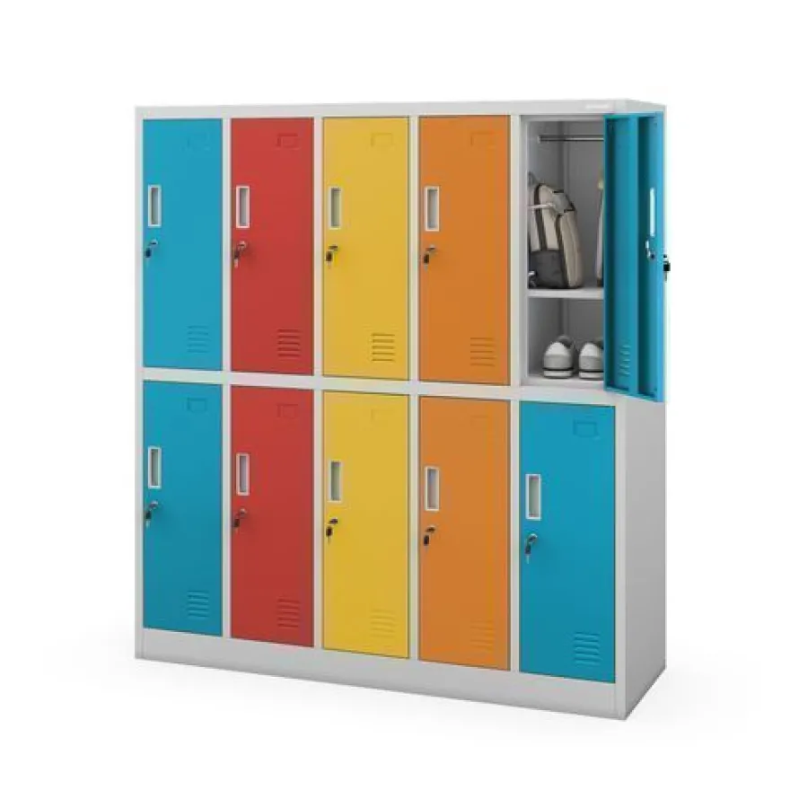 Grau-bunter Arbeitsschutz-Schulspind: 10-Fächer-Modell, 1360 x 1500 x 450 mm