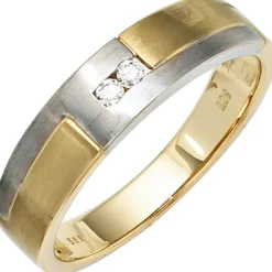 Gr. 70 - Herren Ring 585 Gold Gelbgold Weißgold mattiert 2 Diamanten Brillanten