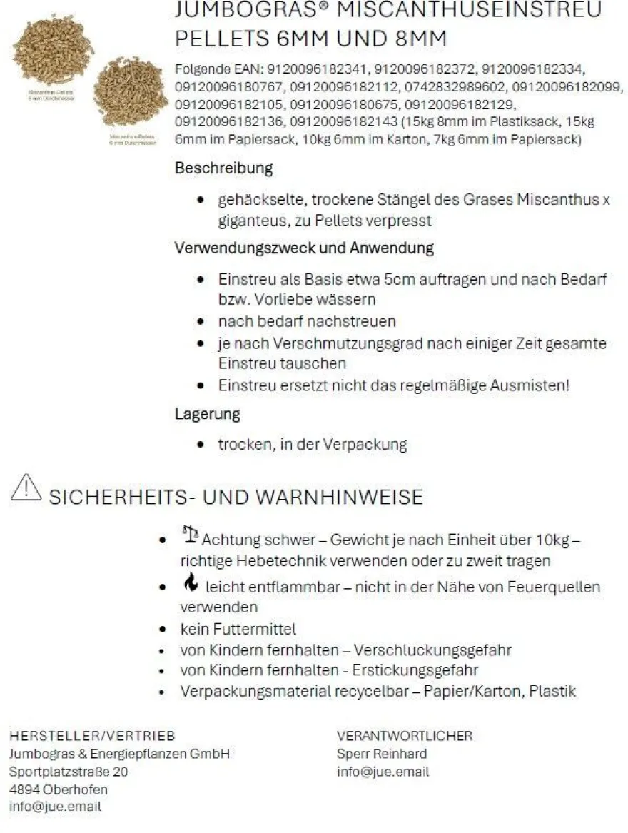 Großtier-Einstreu-Pellets 8mm aus Miscanthus 2 x 15kg Sack