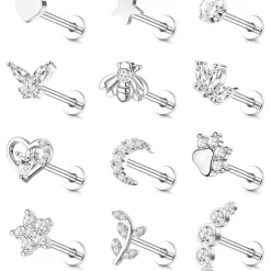 16G Tragus Helix Ohrringe Set Chirurgenstahl CZ Herz Stern Mond Blatt 12er
