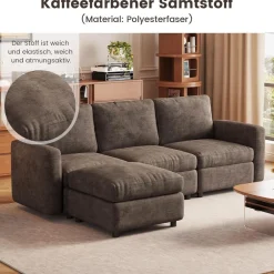 Guyii Modulares Ecksofa aus weichem Veloursstoff in Braun, Eckcouch mit Hocker