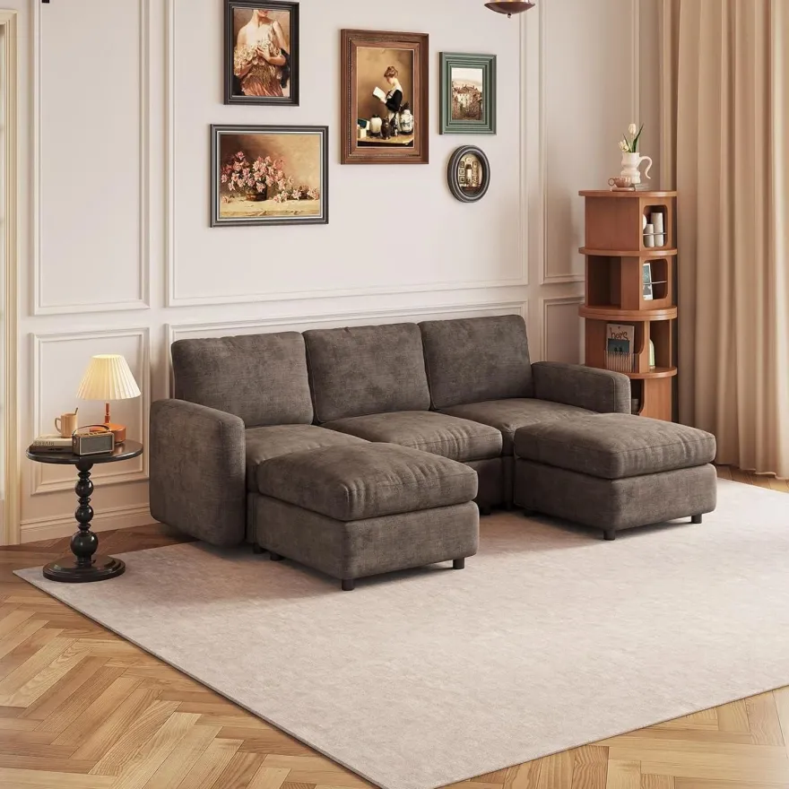 Guyii Modulares Ecksofa aus weichem Veloursstoff in Braun, Eckcouch mit Hocker