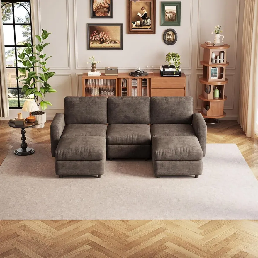 Guyii Modulares Ecksofa aus weichem Veloursstoff in Braun, Eckcouch mit Hocker