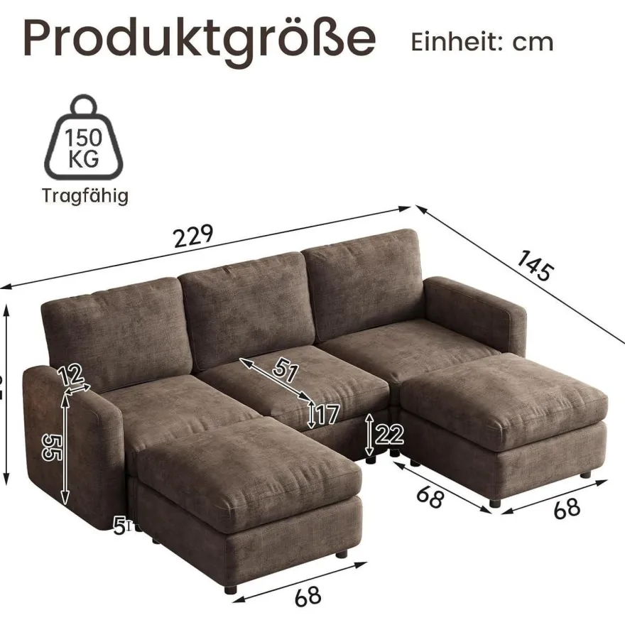 Guyii Modulares Ecksofa aus weichem Veloursstoff in Braun, Eckcouch mit Hocker
