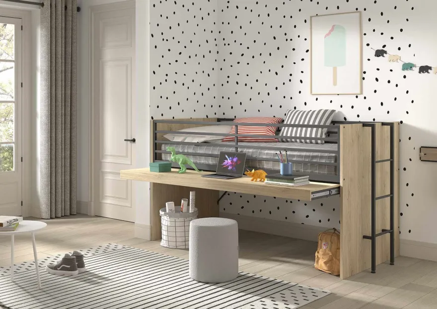Halbhochbett 90x200 Keelia Eiche mit Kommoden und Regal