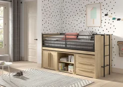 Halbhochbett 90x200 Keelia Eiche mit Kommoden und Regal