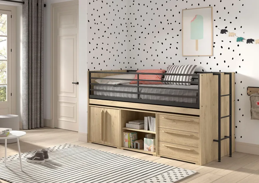 Halbhochbett 90x200 Keelia Eiche mit Kommoden und Regal