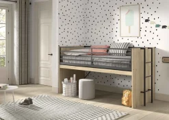Halbhochbett 90x200 Keelia Eiche mit Kommoden und Regal