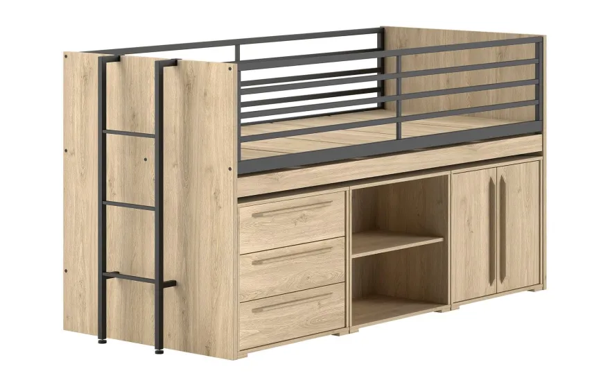 Halbhochbett 90x200 Keelia Eiche mit Kommoden und Regal