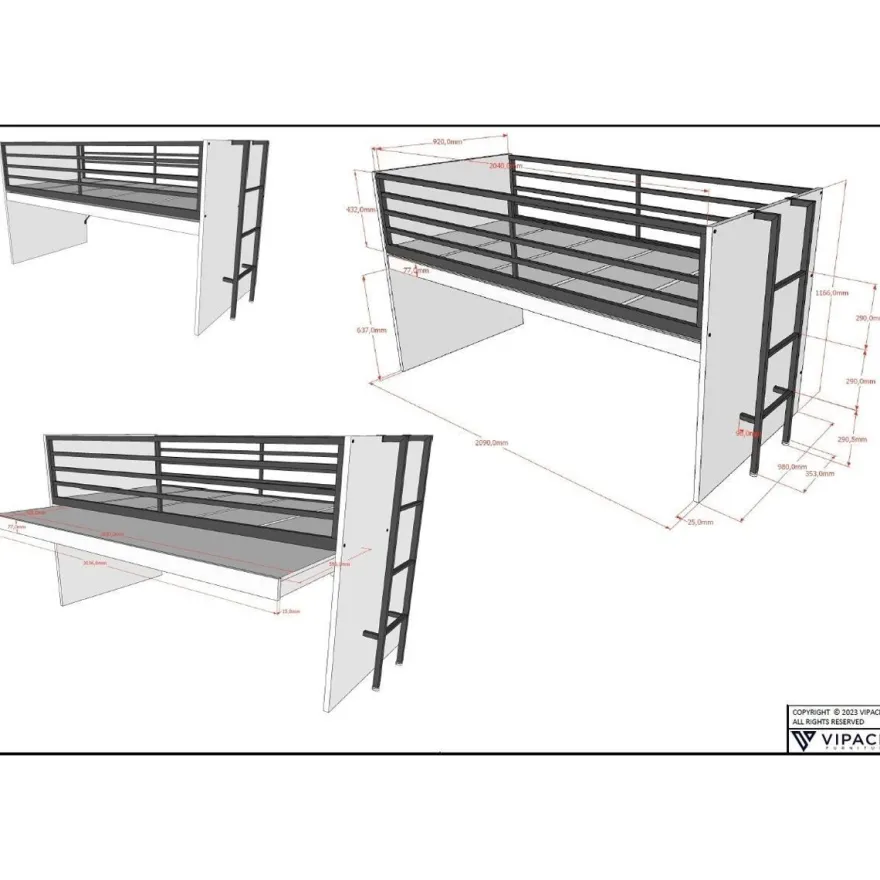 Halbhochbett 90x200 Keelia Eiche mit Kommoden und Regal
