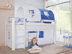 Halbhohes Einzelbett Alex Buche massiv 90x200 cm Weiß lackiert mit Stoff-Set