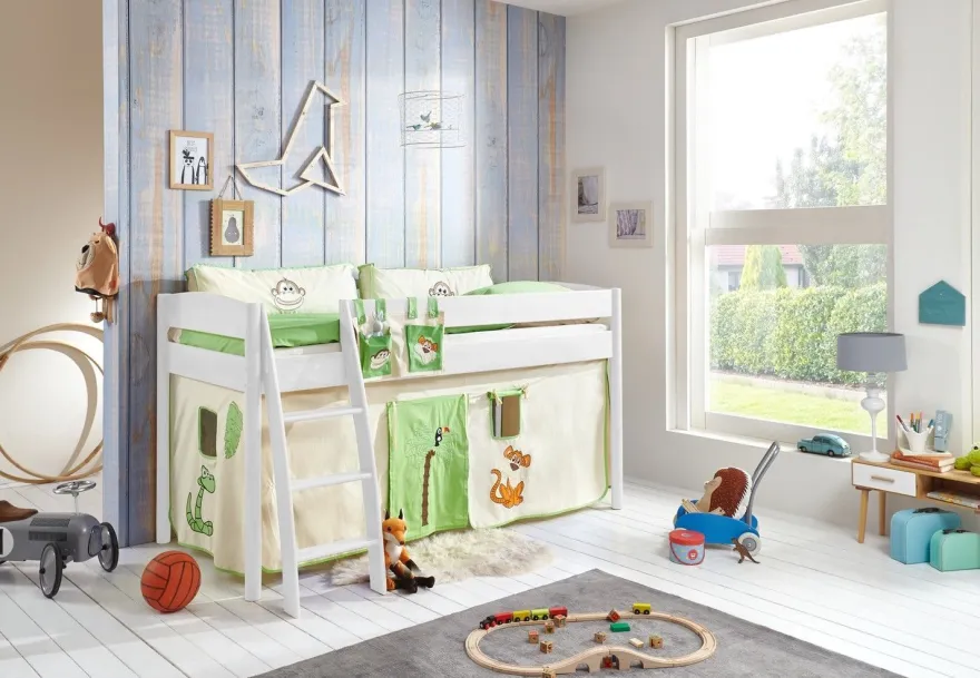 Halbhohes Einzelbett Mischelle Buche massiv Weiß lackiert 90x200 mit Textilset
