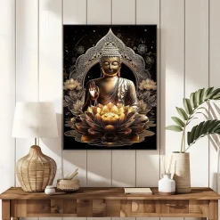 Halflemart Bronze Buddha Statue Leinwand Bild mit Rahmen, Lotusblumen Zen Spa