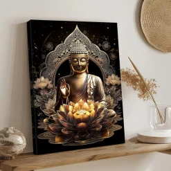 Halflemart Bronze Buddha Statue Leinwand Bild mit Rahmen, Lotusblumen Zen Spa