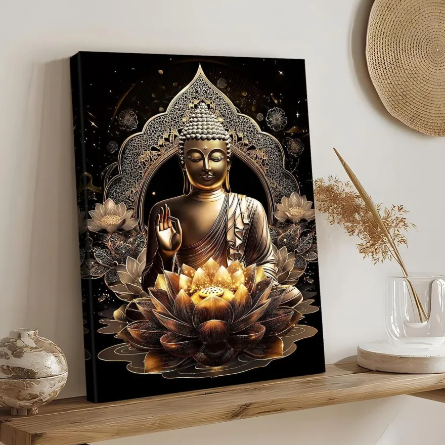 Halflemart Bronze Buddha Statue Leinwand Bild mit Rahmen, Lotusblumen Zen Spa