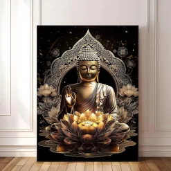 Halflemart Bronze Buddha Statue Leinwand Bild mit Rahmen, Lotusblumen Zen Spa