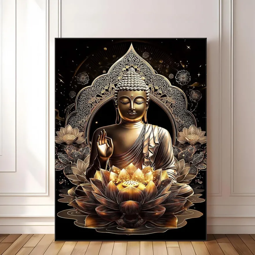 Halflemart Bronze Buddha Statue Leinwand Bild mit Rahmen, Lotusblumen Zen Spa