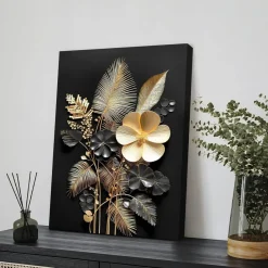Halflemart 3D Schwarzgold Blumen Leinwandbild mit Rahmen, Tropische