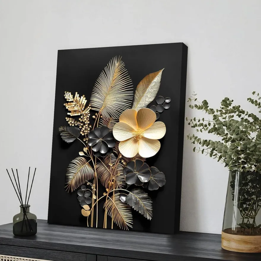 Halflemart 3D Schwarzgold Blumen Leinwandbild mit Rahmen, Tropische
