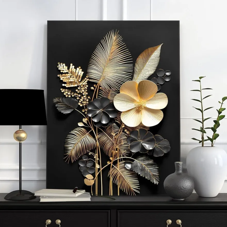 Halflemart 3D Schwarzgold Blumen Leinwandbild mit Rahmen, Tropische