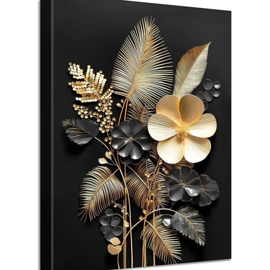 Halflemart 3D Schwarzgold Blumen Leinwandbild mit Rahmen, Tropische