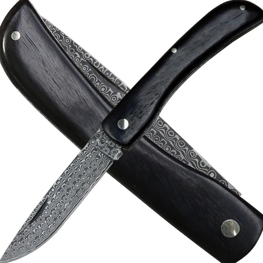 Haller Damast, Damast Taschenmesser mit Ebenholz Griff Nagelrille Klappmesser